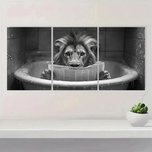 3pcs Lion Reading Newspaper Black And White Metal Print Ready to Hang Art