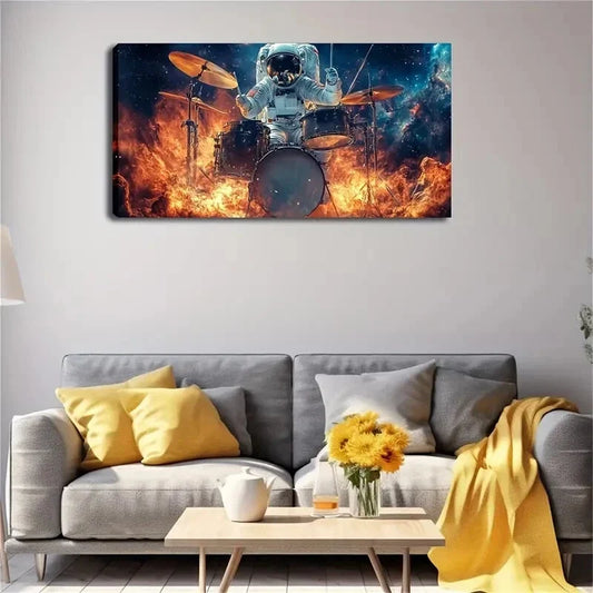 Astronaut Playing Drums Wall Art Canvas Office Home Room Framed 120x60cm