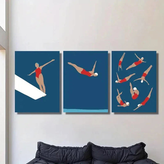 3pcs Vibrant Red Swimwear & Blue Pool Metal Print Ready to Hang Art