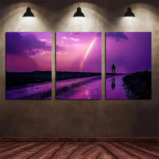 3pcs Vibrant Rainbow Road Silhouette Metal Print Ready to Hang Art