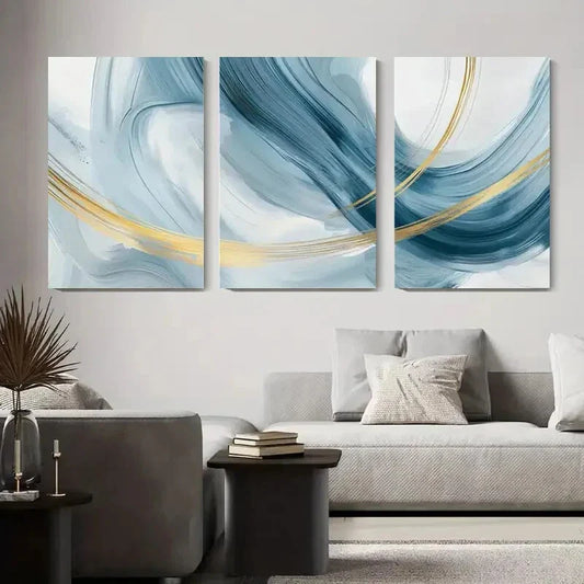 3pcs Abstract Blue and Golden Swirls Metal Print Ready to Hang Art