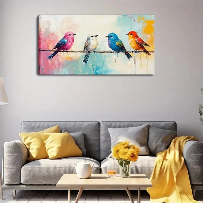 Colorful Background Four Birds Wall Art Canvas Office Home Room Framed 120x60cm