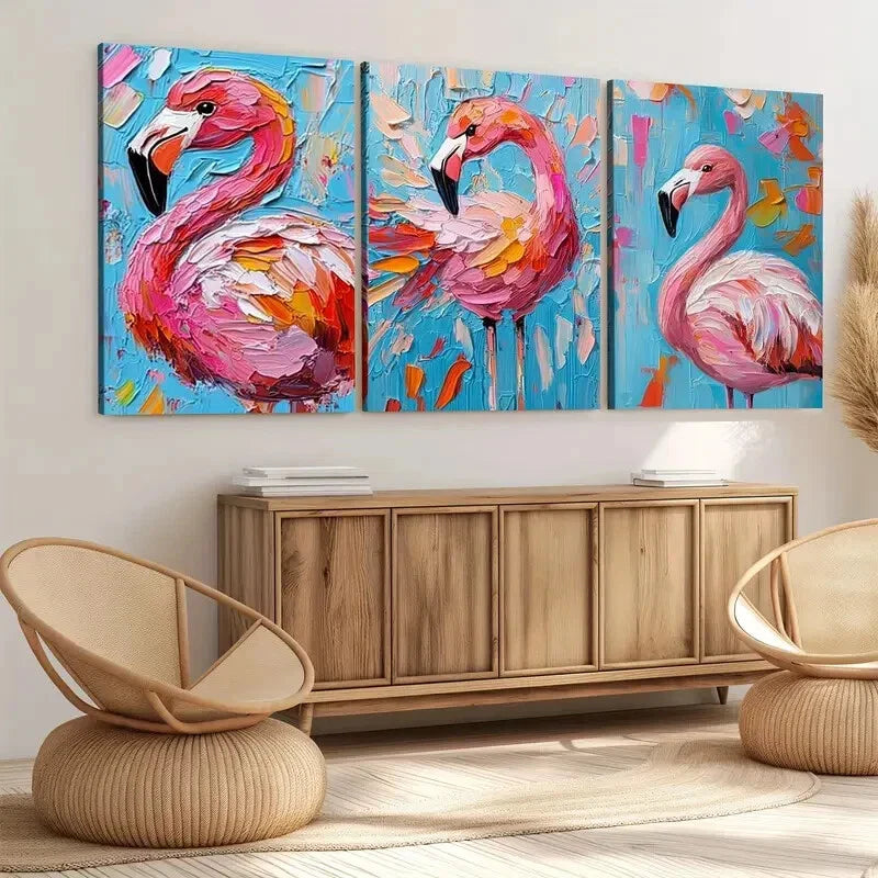 3pcs Colorful Pink Flamingo Oil Painting Elegant Wall Art Set Canvas Framed 40x60cm - High Quality Print 100% Australian Made Wall Canvas Ready to Hang