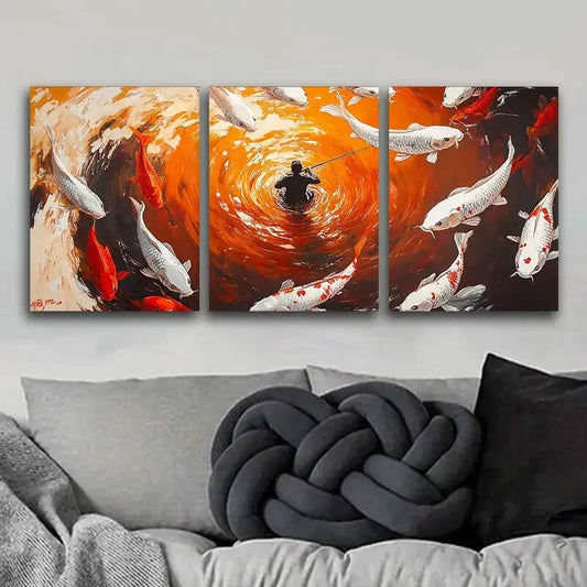 3pcs Vibrant Koi Fish & Fisherman Scene, Metal Print Ready to Hang Art