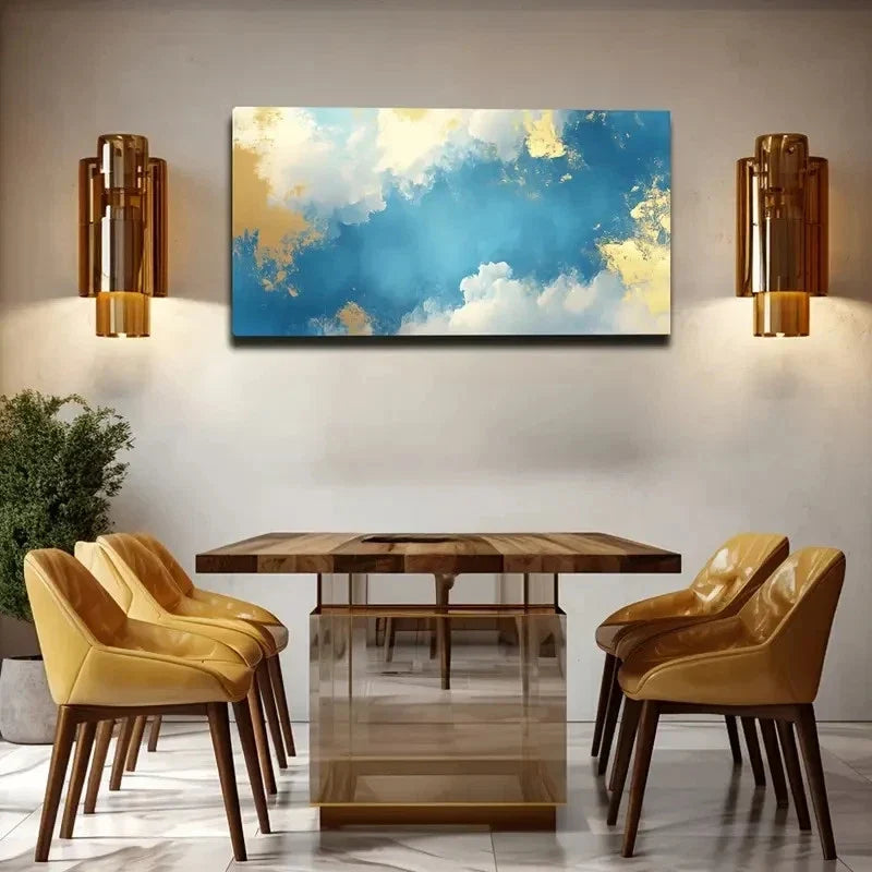 Modern Blue Golden Sky Design Wall Art Canvas Office Home Room Framed 120x60cm