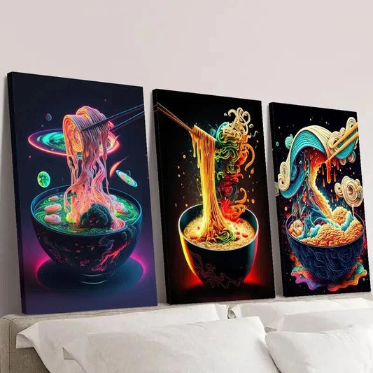 3pcs Japanese Colorful Ramen & Sushi Wall Art Set Canvas Framed 40x60cm - High Quality Print 100% Australian Made Wall Canvas Ready to Hang