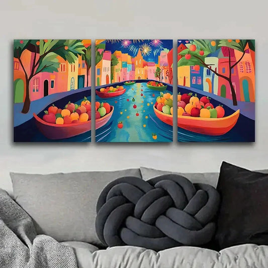 3pcs Colorful Apple Boat Scene with Waterfront Metal Print Ready to Hang Art