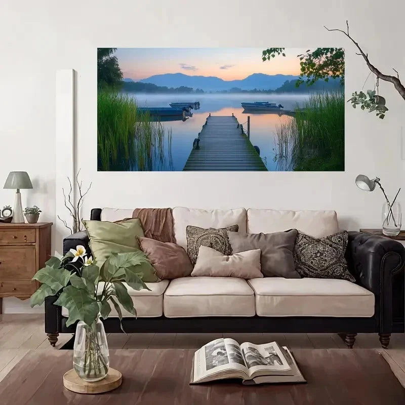 Peaceful Boats And Dock Wall Art Canvas Office Home Room Framed 80x45cm