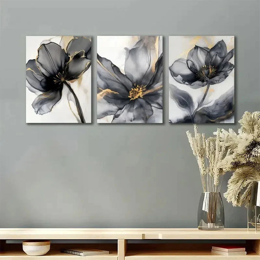 3pcs Golden and Black Abstract Flower Metal Print Ready to Hang Art