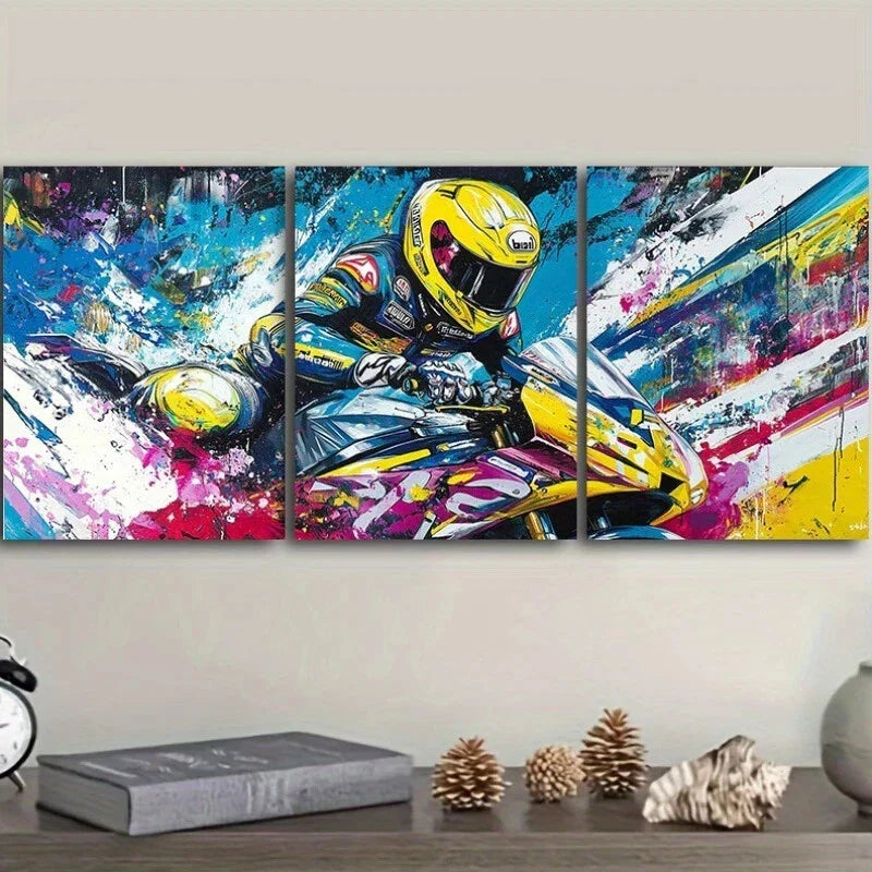 3pcs Superbike Motorcycle Rider Design Vibrant Metal Print Ready to Hang Art