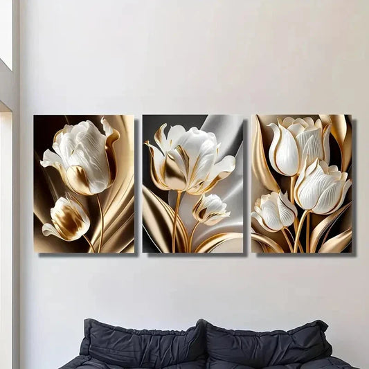 3pcs Elegant Floral Black and Golden Metal Print Ready to Hang Art