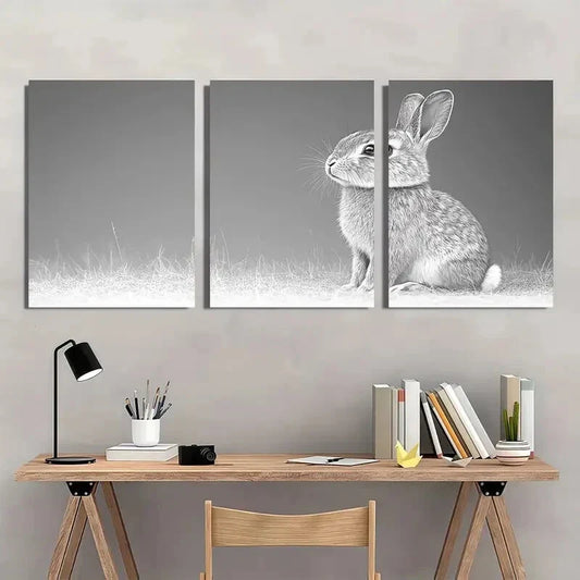 3pcs Vintage Rabbit Semi Gloss White Metal Print Ready to Hang Art