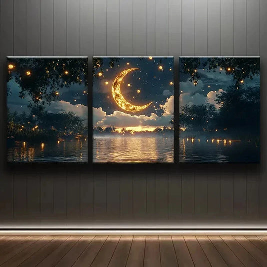 3pcs Featuring the Moon in the Sky Perfect Wall Art Set Canvas Framed 40x60cm - High Quality Print 100% Australian Made Wall Canvas Ready to Hang