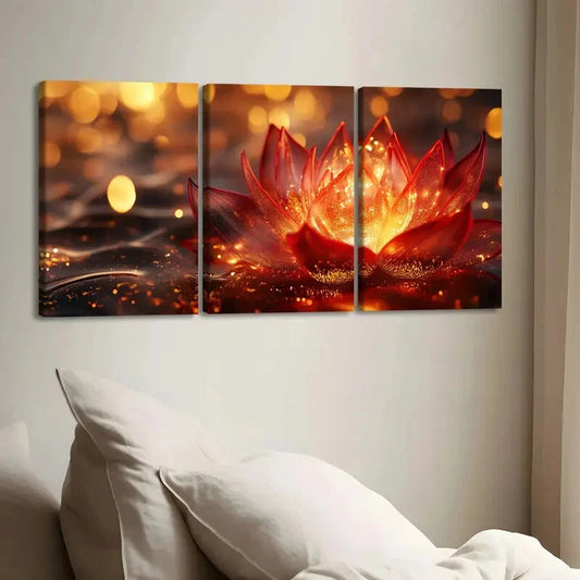 3pcs Vibrant Lotus Flower Paint Golden Hues Gold Wall Art Set Canvas Framed 40x60cm - High Quality Print 100% Australian Made Wall Canvas Ready to Hang
