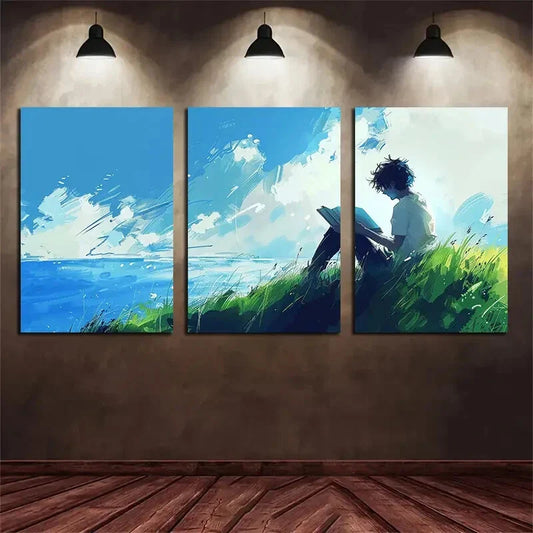 3pcs Painting Man Reading Book Beach Metal Print Ready to Hang Art