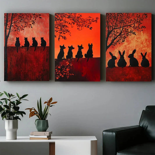 3pcs Abstract Small Animals Red Themed Luxurious Metal Print Ready to Hang Art