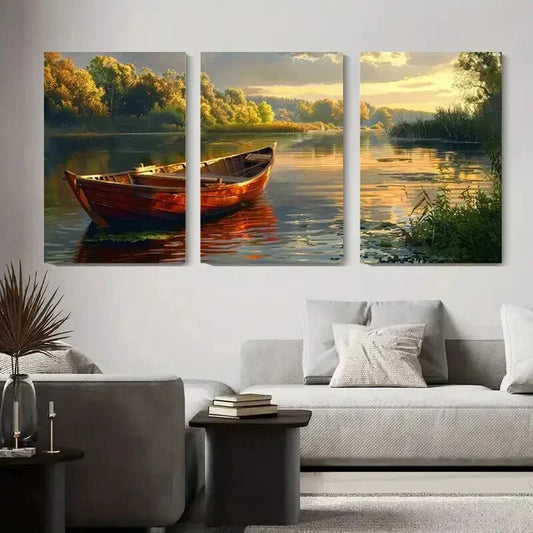 3pcs anquil Lake & Boat Nature Classic Metal Print Ready to Hang Art