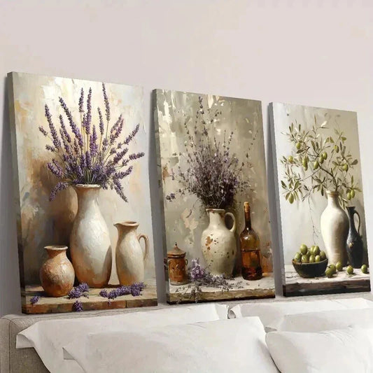 3pcs Rustic Three Lavender Pottery Jar Wall Art Set Canvas Framed 40x60cm - High Quality Print 100% Australian Made Wall Canvas Ready to Hang