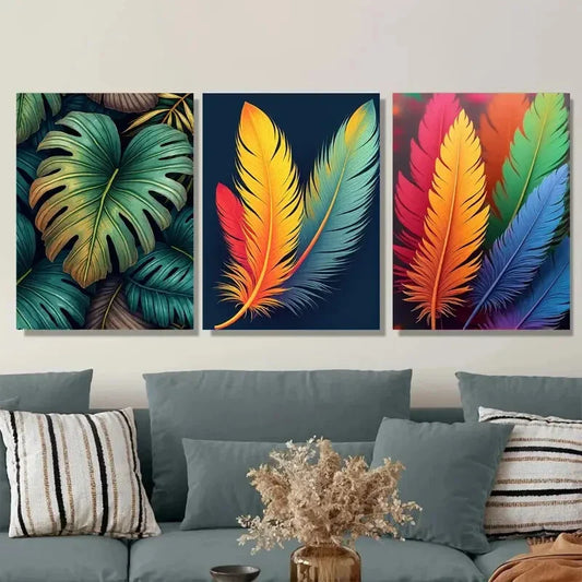 3pcs Colorful Feather and Tropical Leaf Metal Print Ready to Hang Art