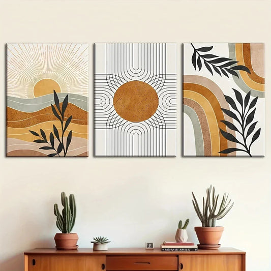 3pcs Modern Abstract Art Line Leaf Sun Metal Print Ready to Hang Art