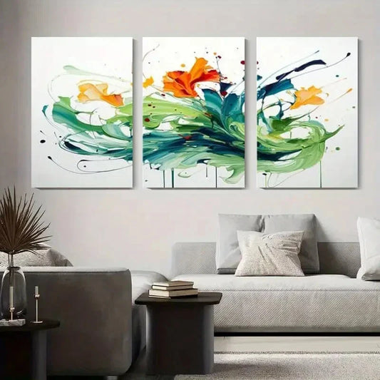 3pcs Vibrant Colorful Flowers with Fluid Design Metal Print Ready to Hang Art