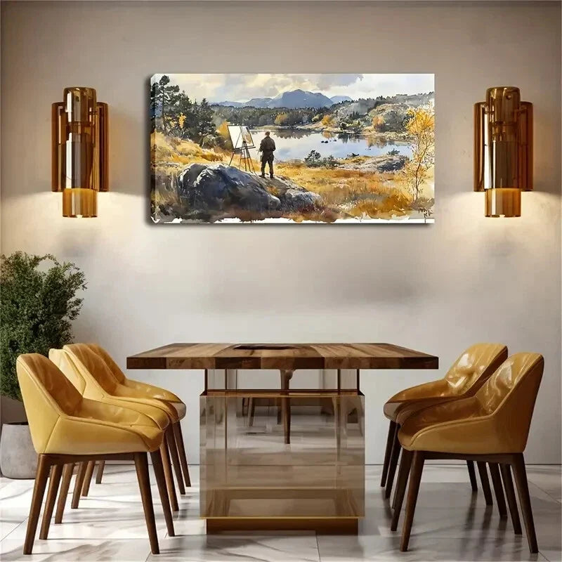 A Painter Is Sketching On Hill Wall Art Canvas Office Home Room Framed 120x60cm