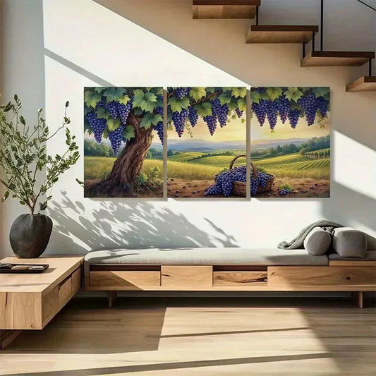 3pcs Lush Grapevine Tree with Ripe Purple Grapes Metal Print Ready to Hang Art