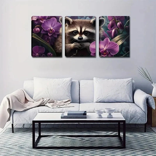 3pcs Raccoon & Orchid Dreamy Landscape Wall Art Set Canvas Framed 40x60cm - High Quality Print 100% Australian Made Wall Canvas Ready to Hang