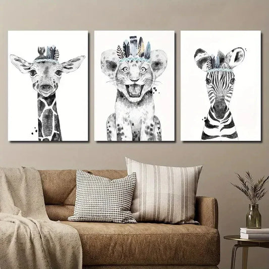 3pcs Black & White Animal Giraffe Lion and Zebra Metal Print Ready to Hang Art