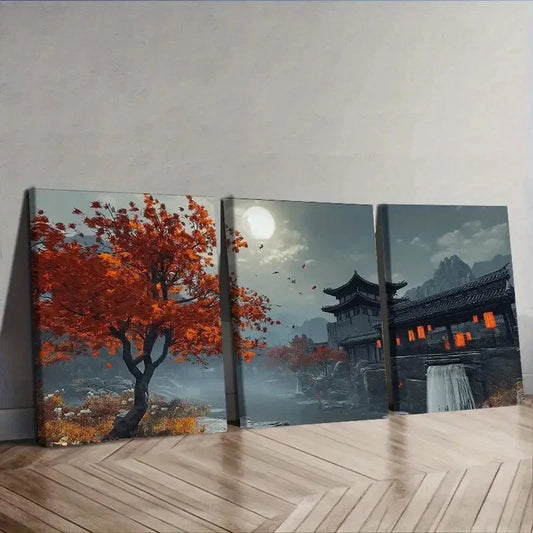 3pcs Chinese Style Architecture Nature Perfect Wall Art Set Canvas Framed 40x60cm - High Quality Print 100% Australian Made Wall Canvas Ready to Hang