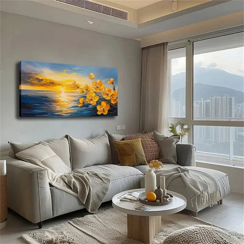 Vibrant Sunset Beach Yellow Wall Art Canvas Office Home Room Framed 120x60cm