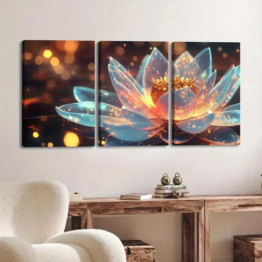 3pcs Vibrant Lotus Flower Light Blue Gold Rounds Wall Art Set Canvas Framed 40x60cm - High Quality Print 100% Australian Made Wall Canvas Ready to Hang