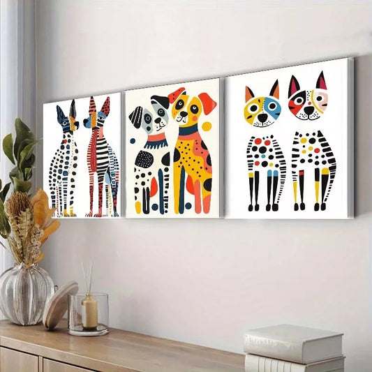 3pcs Two Surreal Dogs Colorful White Background Wall Art Set Canvas Framed 40x60cm - High Quality Print 100% Australian Made Wall Canvas Ready to Hang
