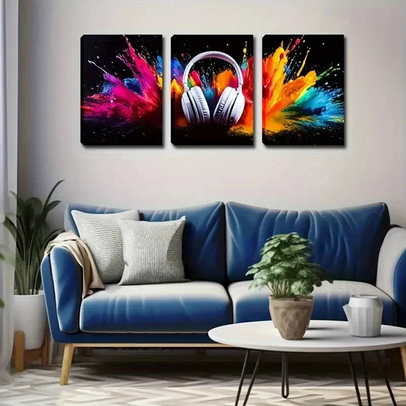 3pcs Vibrant Headphone Explosion Wall Art Set Canvas Framed 40x60cm - High Quality Print 100% Australian Made Wall Canvas Ready to Hang