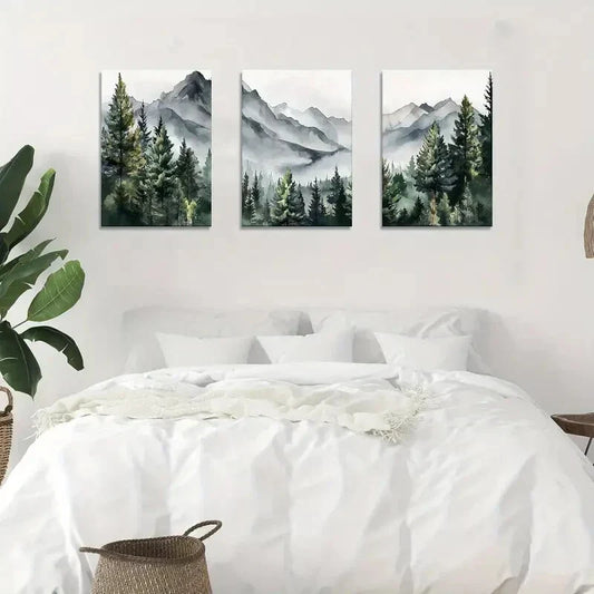 3pcs Abstract Green Mountain Forest Metal Print Ready to Hang Art