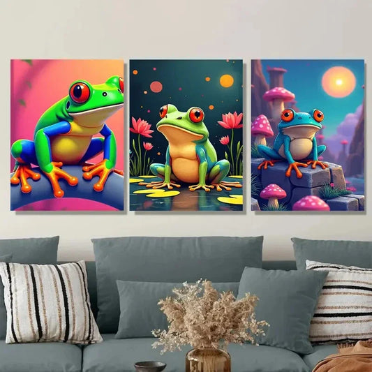 3pcs Colorful Frog Vibrant And Fun Picture Wall Art Set Canvas Framed 40x60cm - High Quality Print 100% Australian Made Wall Canvas Ready to Hang