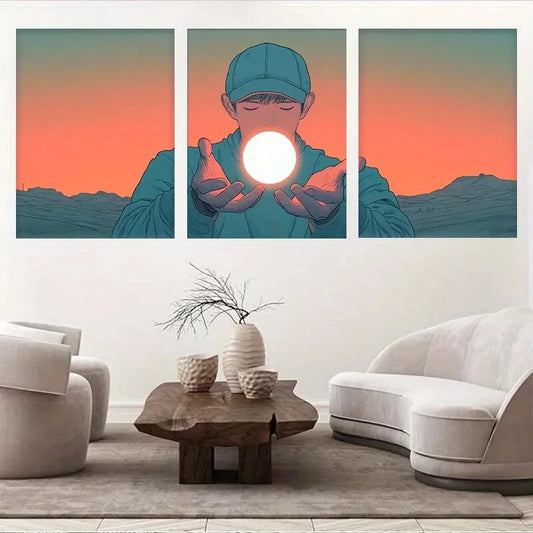 3pcs Boy Holding Glowing Sphere in Desert Wall Art Set Canvas Framed 40x60cm - High Quality Print 100% Australian Made Wall Canvas Ready to Hang