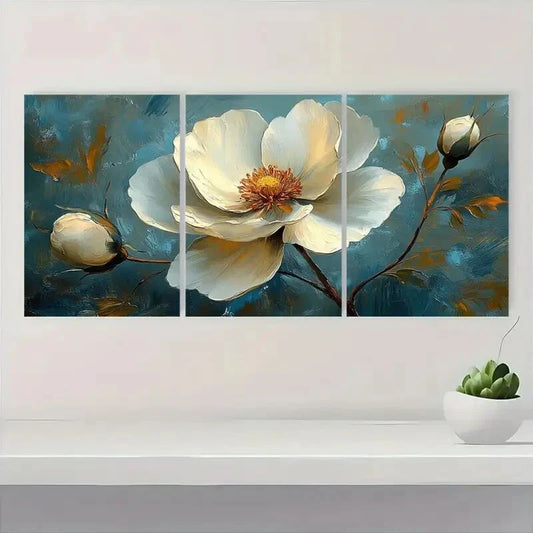 3pcs Elegant White Flower Modern Oil Painting Metal Print Ready to Hang Art