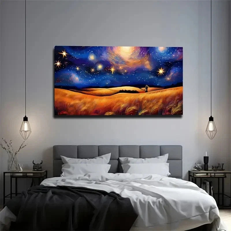 Starry Night Sky & Yellow Wall Art Canvas Office Home Room Framed 120x60cm
