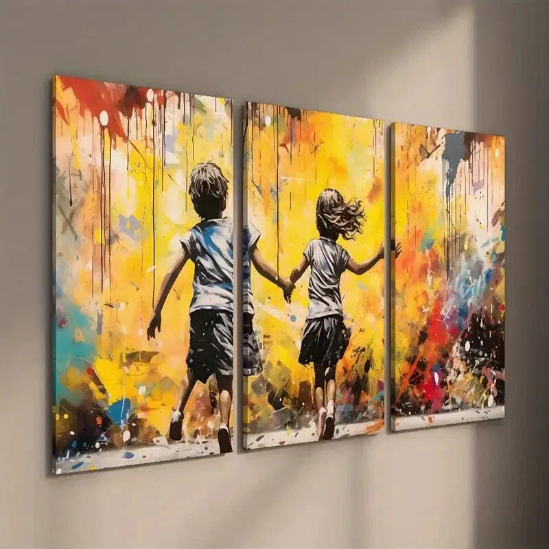 3pcs Boy And Girl Running on a Street Wall Art Set Canvas Framed 40x60cm - High Quality Print 100% Australian Made Wall Canvas Ready to Hang