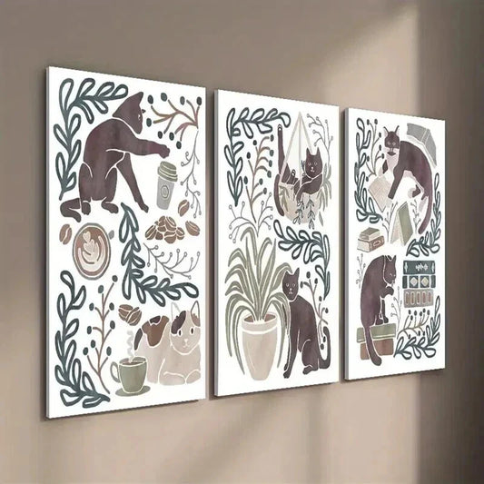 3pcs Cat Posters with Coffee & Indoor Scenes Wall Art Set Canvas Framed 40x60cm - High Quality Print 100% Australian Made Wall Canvas Ready to Hang