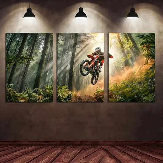 3pcs Vibrant Bicycles Leaping Over Trees Metal Print Ready to Hang Art