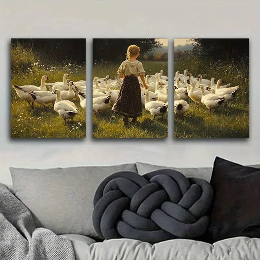 3pcs The girl feeds the animals on the farm Metal Print Ready to Hang Art