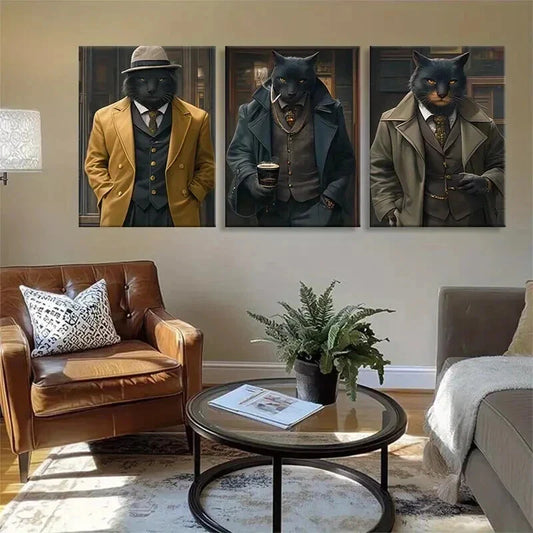 3pcs Stylish Feline in Classic Suits Cat Perfect Wall Art Set Canvas Framed 40x60cm - High Quality Print 100% Australian Made Wall Canvas Ready to Hang
