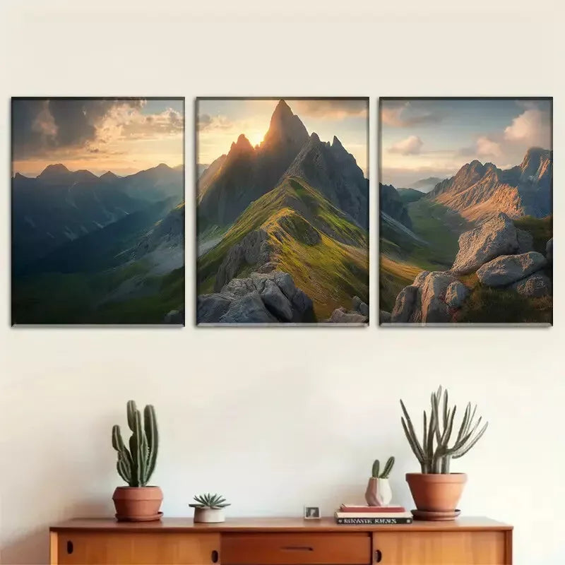 3pcs Tranquil Mountain Scene with Morning Light Wall Art Set Canvas Framed 40x60cm - High Quality Print 100% Australian Made Wall Canvas Ready to Hang