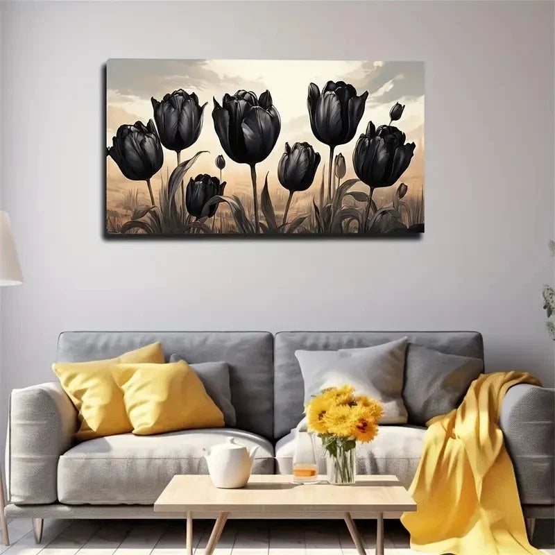 Black Tulips Dormitory Wall Art Canvas Office Home Room Framed 120x60cm