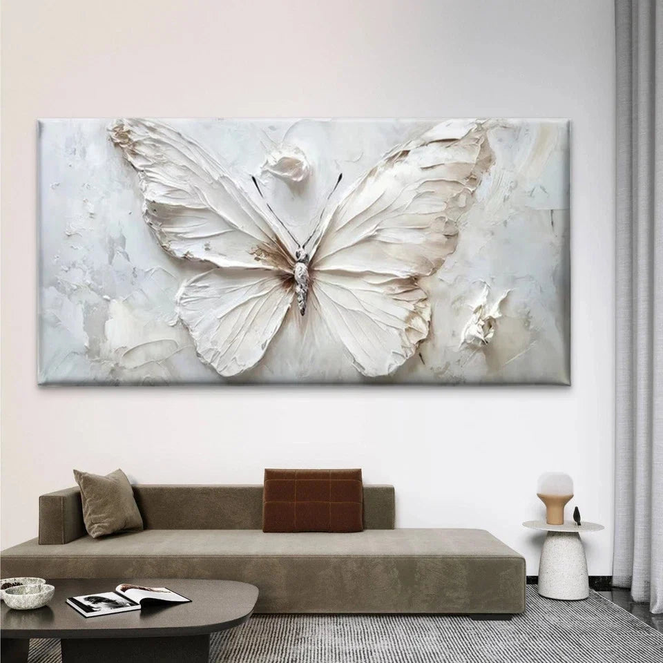 White Textured Butterfly Wall Art Canvas Office Home Room Framed 80x45cm