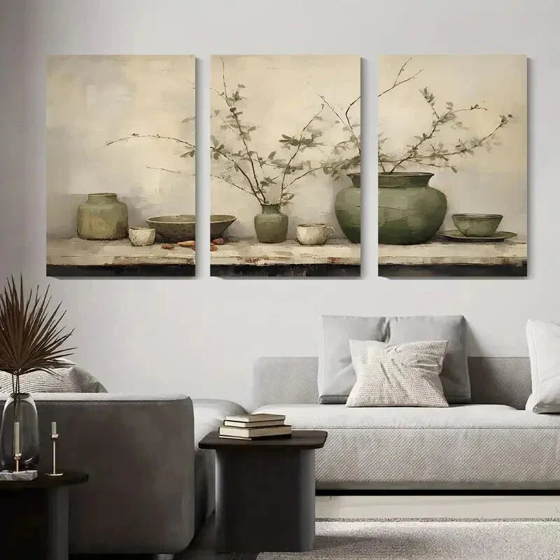 3pcs Modern Minimalist Still Green Ceramic Metal Print Ready to Hang Art