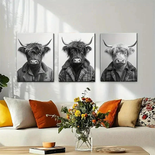 3pcs Highland Cow Portrait Fluffy Black Perfect Wall Art Set Canvas Framed 40x60cm - High Quality Print 100% Australian Made Wall Canvas Ready to Hang