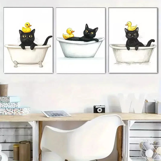 3pcs Whimsical Black Cat & Duckling in Bathtub Wall Art Set Canvas Framed 40x60cm - High Quality Print 100% Australian Made Wall Canvas Ready to Hang